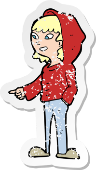 retro distressed sticker of a cartoon pointing teenager drawing png