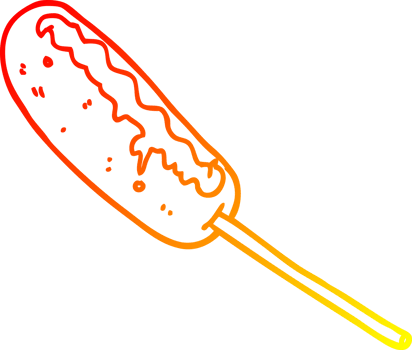 warm gradient line drawing of a cartoon hotdog on a stick png