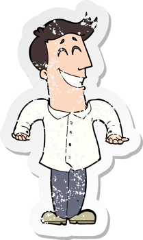 retro distressed sticker of a cartoon man shrugging shoulders png