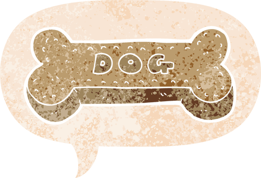 cartoon dog biscuit with speech bubble in grunge distressed retro textured style png