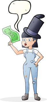 hand drawn speech bubble cartoon woman holding on to money png