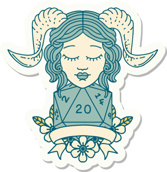 sticker of a tiefling with natural twenty dice roll png