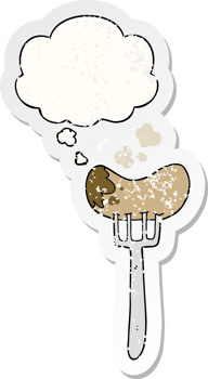 cartoon sausage and fork with thought bubble as a distressed worn sticker png