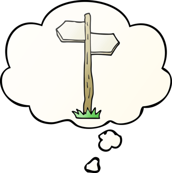 cartoon old direction sign with thought bubble in smooth gradient style png