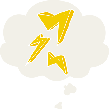 cartoon lightning bolt with thought bubble in retro style png