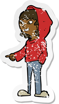 retro distressed sticker of a cartoon pointing teenager png