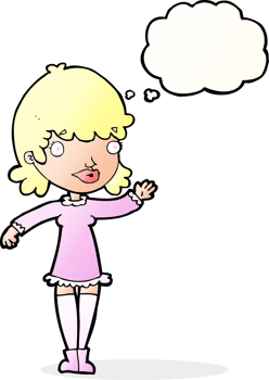 cartoon woman waving with thought bubble png