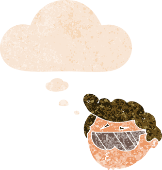 cartoon boy wearing sunglasses with thought bubble in grunge distressed retro textured style png