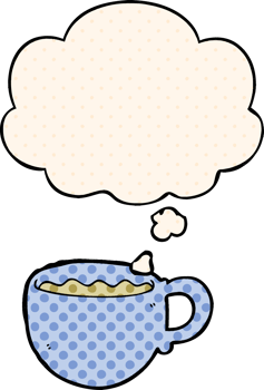 cartoon coffee cup with thought bubble in comic book style png