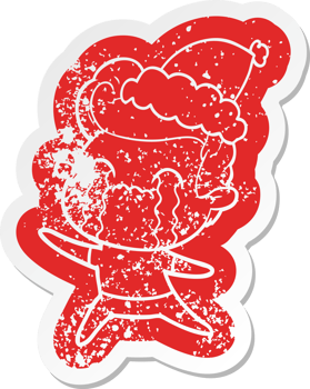 quirky cartoon distressed sticker of a man crying wearing santa hat png