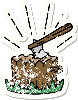 worn old sticker of a tattoo style axe in tree stump png