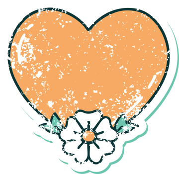 iconic distressed sticker tattoo style image of a heart and flower png