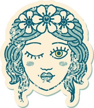 iconic distressed sticker tattoo style image of a maidens face winking png