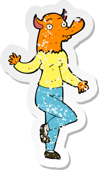 retro distressed sticker of a cartoon dancing fox woman png