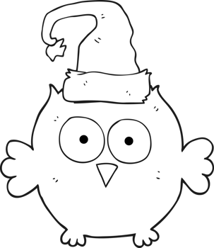 hand drawn black and white cartoon owl wearing christmas hat png