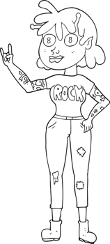hand drawn black and white cartoon alien rock fan girl png