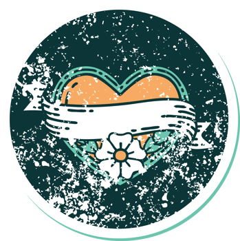 iconic distressed sticker tattoo style image of a heart and banner with flowers png