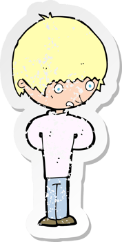 retro distressed sticker of a cartoon nervous boy drawing png