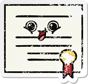distressed sticker of a cute cartoon graduation diploma png