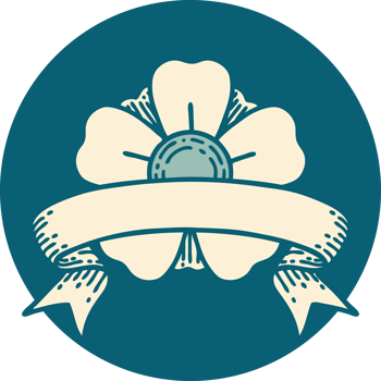 tattoo style icon with banner of a flower png