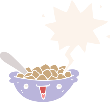 cute cartoon bowl of cereal with speech bubble in retro style png