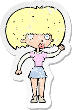 retro distressed sticker of a cartoon woman waving drawing png
