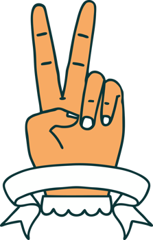 Retro Tattoo Style peace two finger hand gesture with banner png