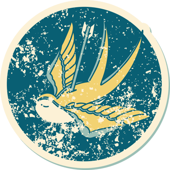 iconic distressed sticker tattoo style image of a swallow pierced by arrow png