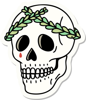 sticker of tattoo in traditional style of a skull with laurel wreath crown png