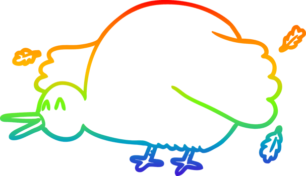 rainbow gradient line drawing of a cartoon kiwi bird flapping wings png