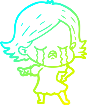 cold gradient line drawing of a cartoon girl crying and pointing png