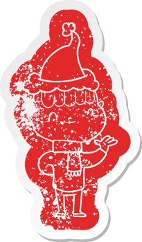 quirky cartoon distressed sticker of a friendly boy wearing santa hat png