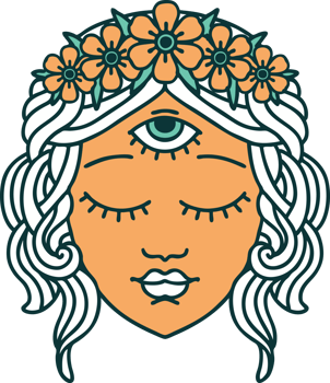 iconic tattoo style image of female face with third eye and crown of flowers png