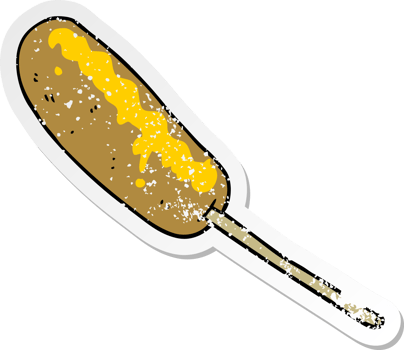 distressed sticker of a cartoon hotdog on a stick png