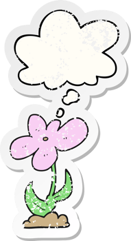 cartoon flower with thought bubble as a distressed worn sticker png
