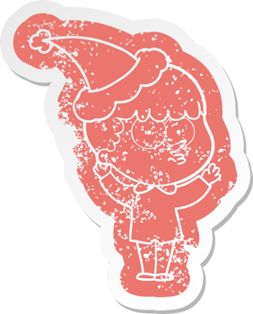 quirky cartoon distressed sticker of a curious boy wearing santa hat png