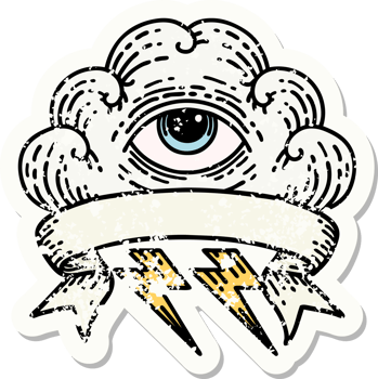 worn old sticker with banner of an all seeing eye cloud png