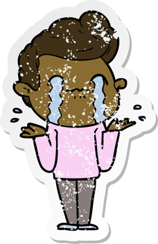 distressed sticker of a cartoon man crying png