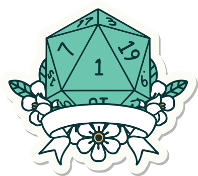 sticker of a natural one d20 dice roll png