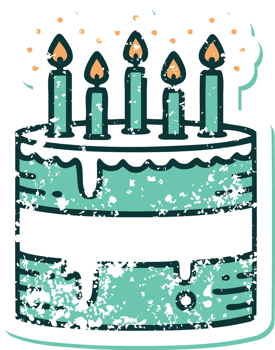 iconic distressed sticker tattoo style image of a birthday cake png