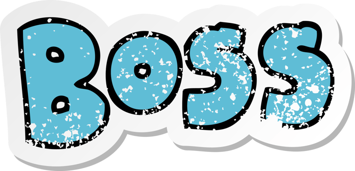 distressed sticker of a cartoon word boss png