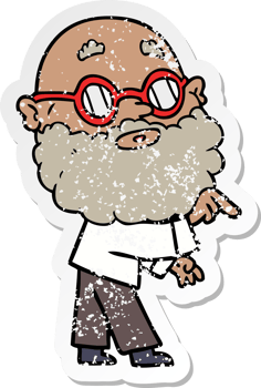 distressed sticker of a cartoon curious man with beard and glasses png