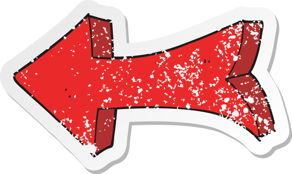 retro distressed sticker of a cartoon pointing arrow png