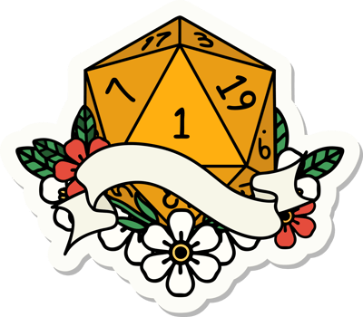 sticker of a natural one d20 dice roll png
