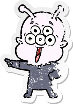 distressed sticker of a happy cartoon alien pointing png
