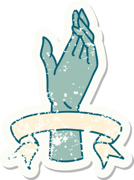 worn old sticker with banner of a hand png