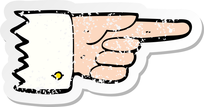 retro distressed sticker of a cartoon pointing hand symbol drawing png