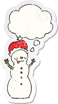 cartoon christmas snowman with thought bubble as a distressed worn sticker png