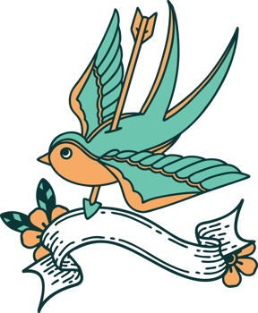 traditional tattoo with banner of a swallow pierced by arrow png