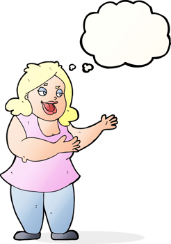 cartoon happy fat woman with thought bubble png
